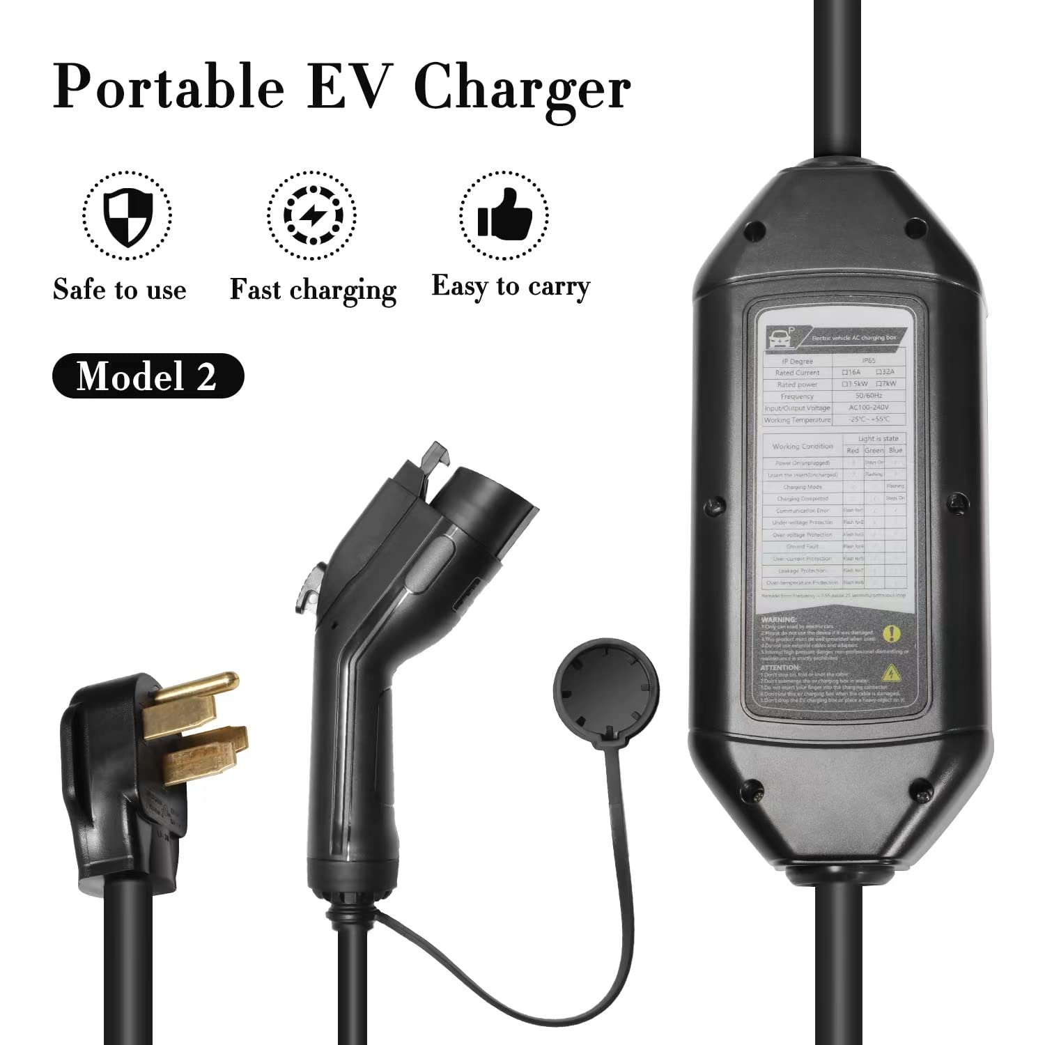 Level 2 NEMA 14-50 Portable EV Charger - 240V 32 Amp Adjustable for Tesla J1772 EVSE